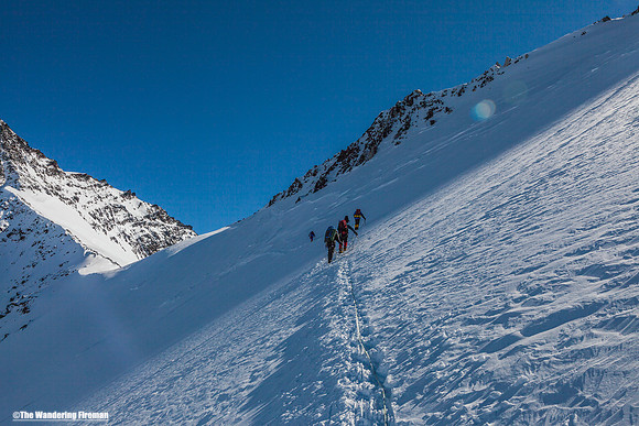 Traversing the Autobahn toward Zebra rocks on Denali, Alaska, the highest mountain in North America