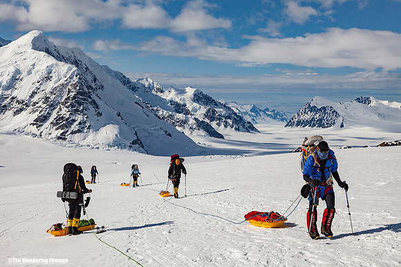 Two rope teams slogging the glacier of Denali in Alaska, the highest mountain in North America