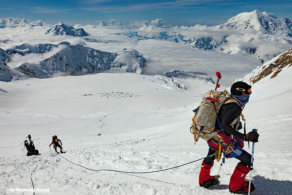 Vernan Tejas leads his rope team up from 14,000' camp toward high camp on Denali, Alaska, the highest mountain in North America