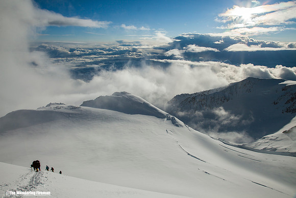 Descending toward high camp on Denali, Alaska, the highest mountain in North America