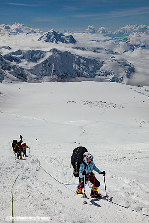 Lisa climbs the fixed lines toward high camp on Denali, Alaska, the highest mountain in North America