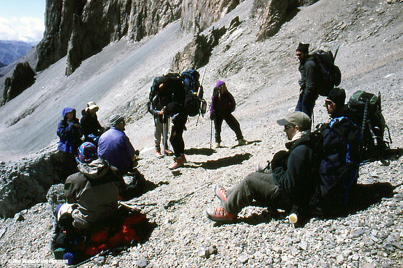 A group of climbers rests on the way to camp one on Aconcagua Argentina