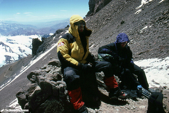 Joe Pillar and Mike Deal rest on the final push to the summit of Aconcagua Argentina