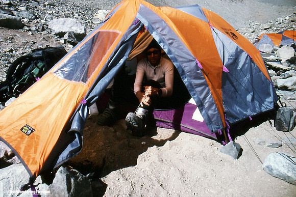 Mike Deal in the tent at base camp on Aconcagua Argentina