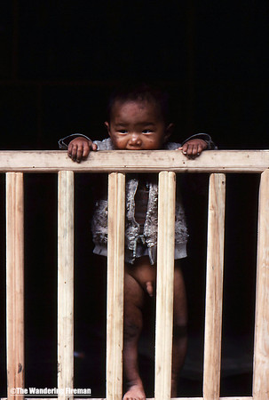Young Nepalese child behind a stair ballister