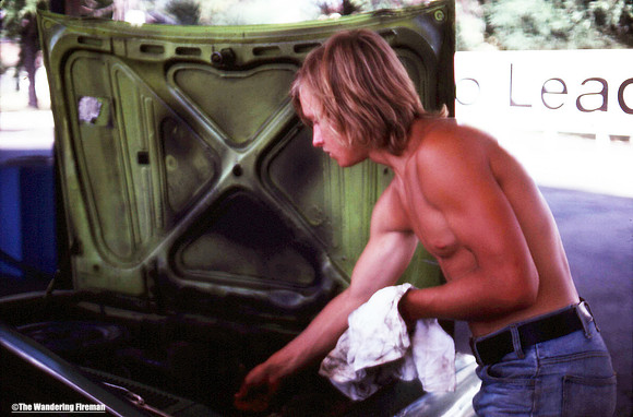 Checking the oil on our road trip to California
