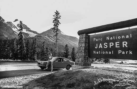 Rich at the Jasper National Park entrance sign in Alberta