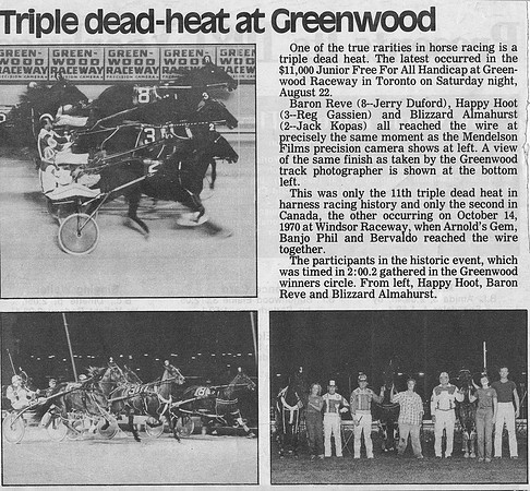 Toronto Star harness racing triple dead heat at Greenwood