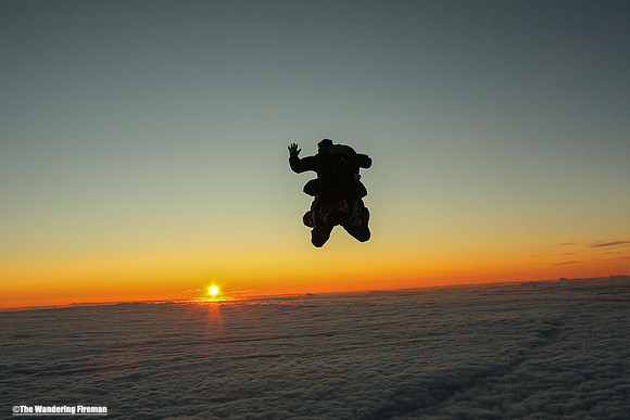 Skydiving Tandem pair just prior to drogue deployment