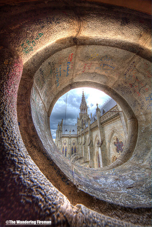Portal in the wall of Basilica Del Voto Cathedral in Quito Ecuador