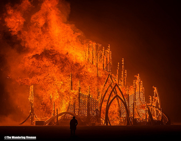 Burning "Temple of Together" at Burning Man in Black Rock City Nevada